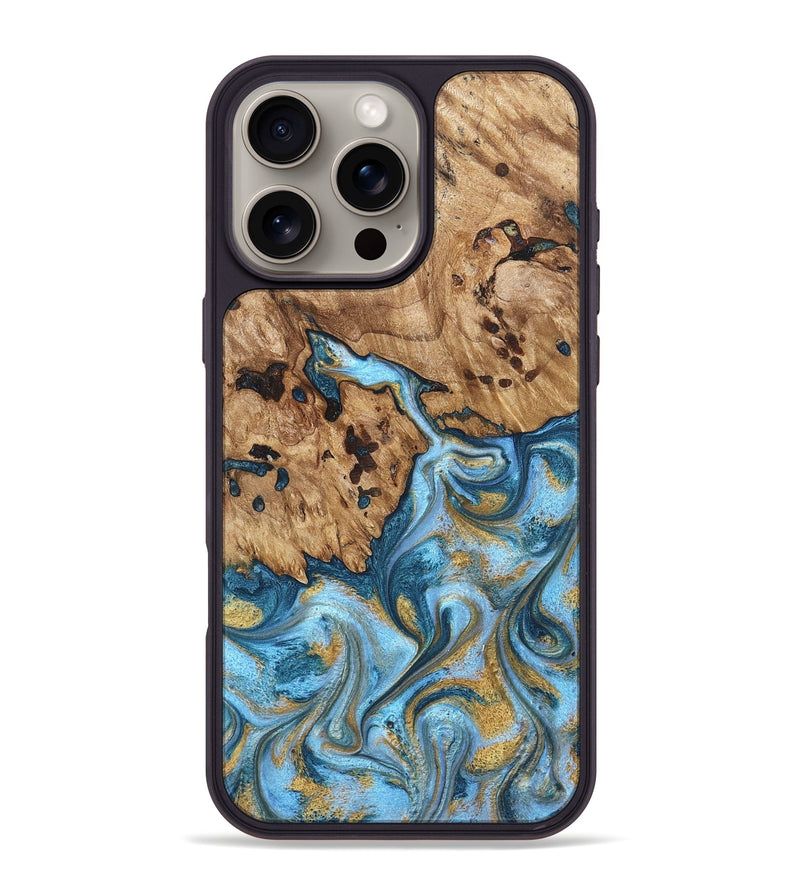 iPhone 16 Pro Max Wood Phone Case - Debi (Teal & Gold, 821699)