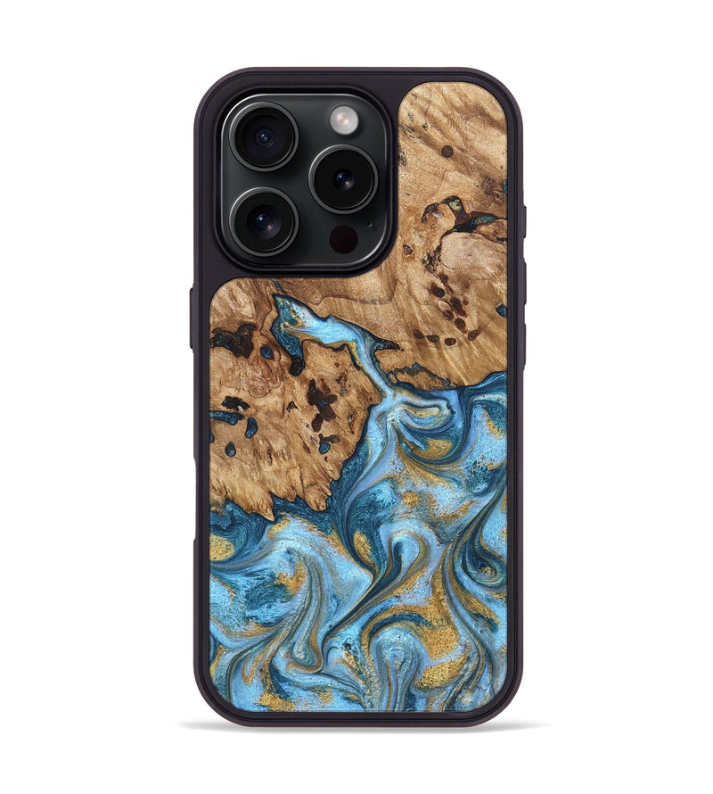 iPhone 16 Pro Wood Phone Case - Debi (Teal & Gold, 821699)