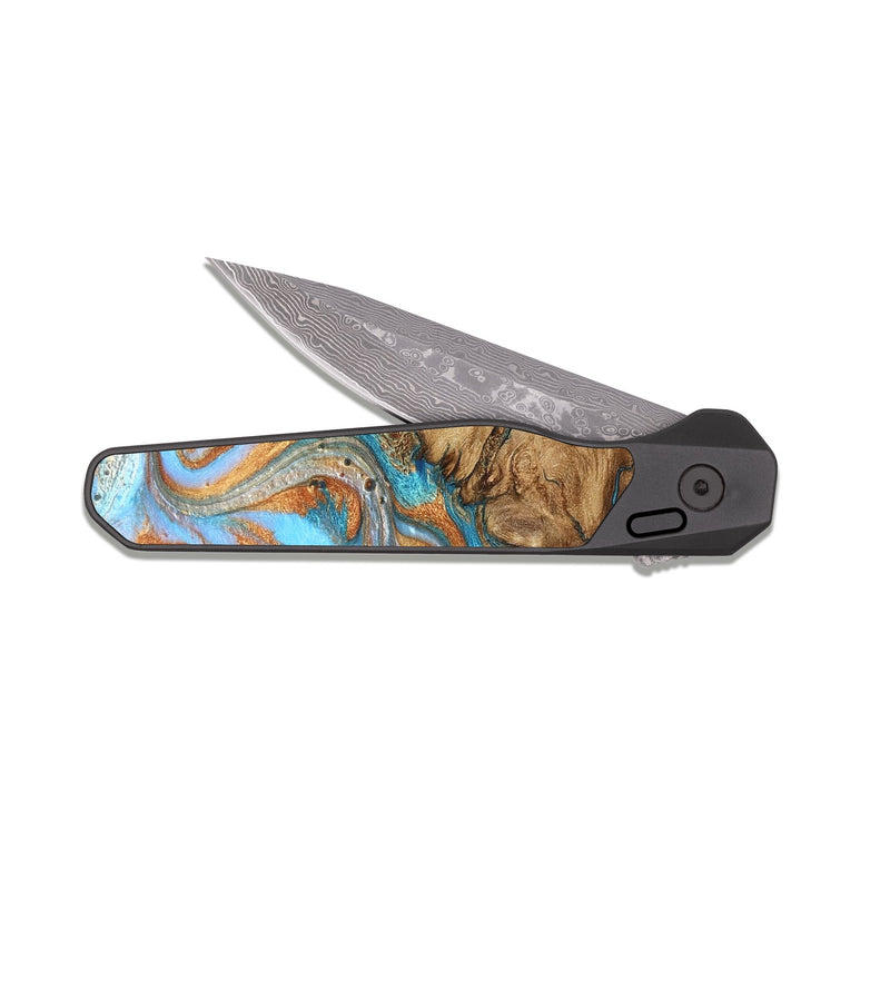 EDC Dark Damascus Wood Pocket Knife - Daisie (Teal & Gold, 821851)
