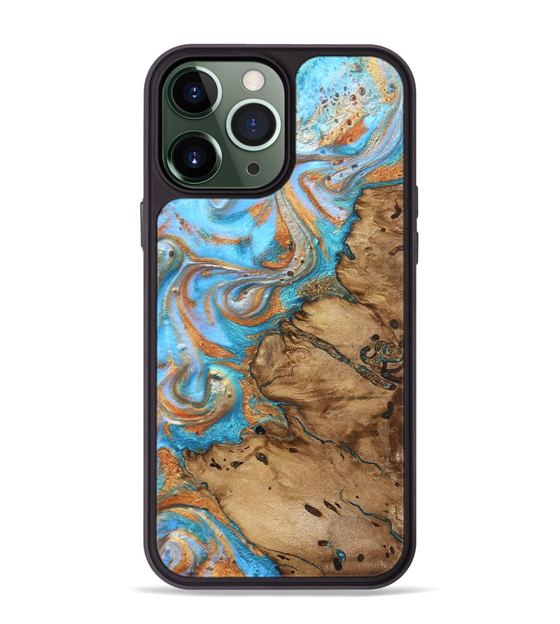 iPhone 13 Pro Max Wood Phone Case - Daisie (Teal & Gold, 821851)