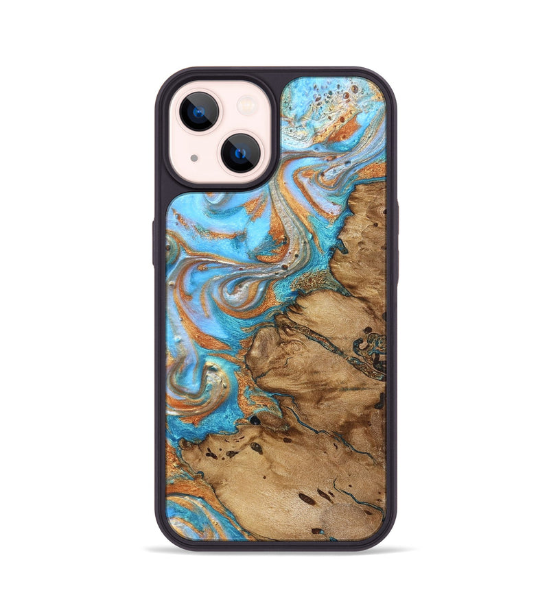iPhone 14 Wood Phone Case - Daisie (Teal & Gold, 821851)