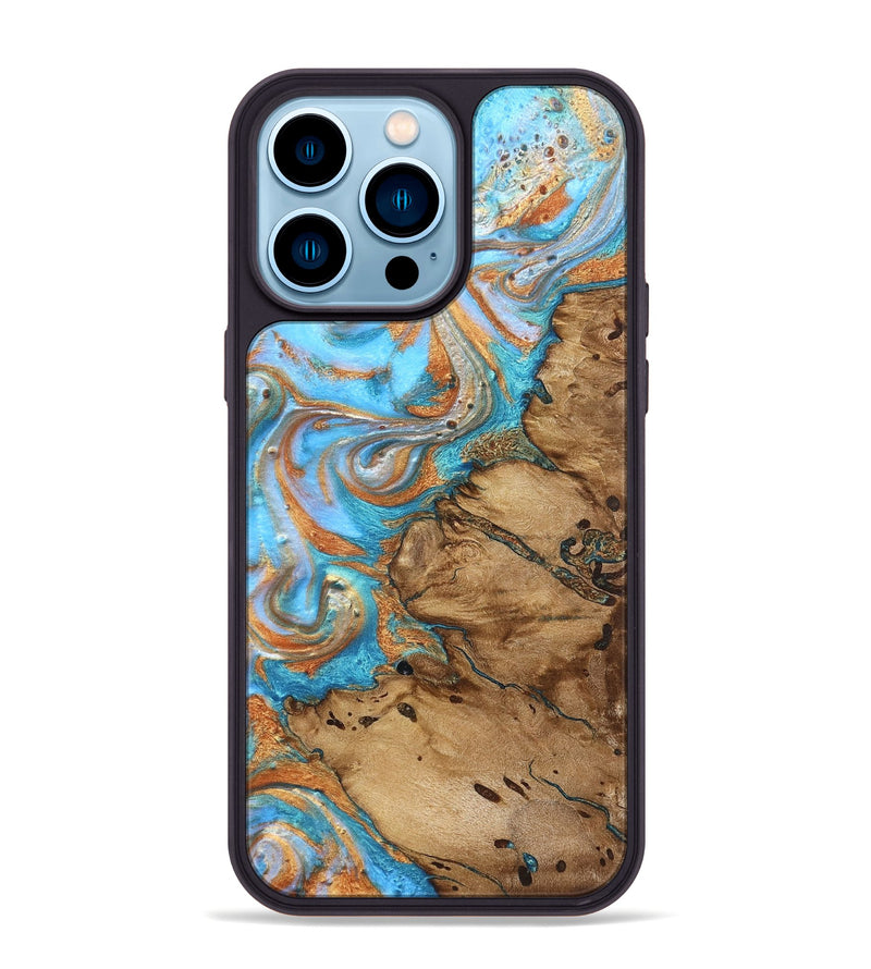 iPhone 14 Pro Max Wood Phone Case - Daisie (Teal & Gold, 821851)