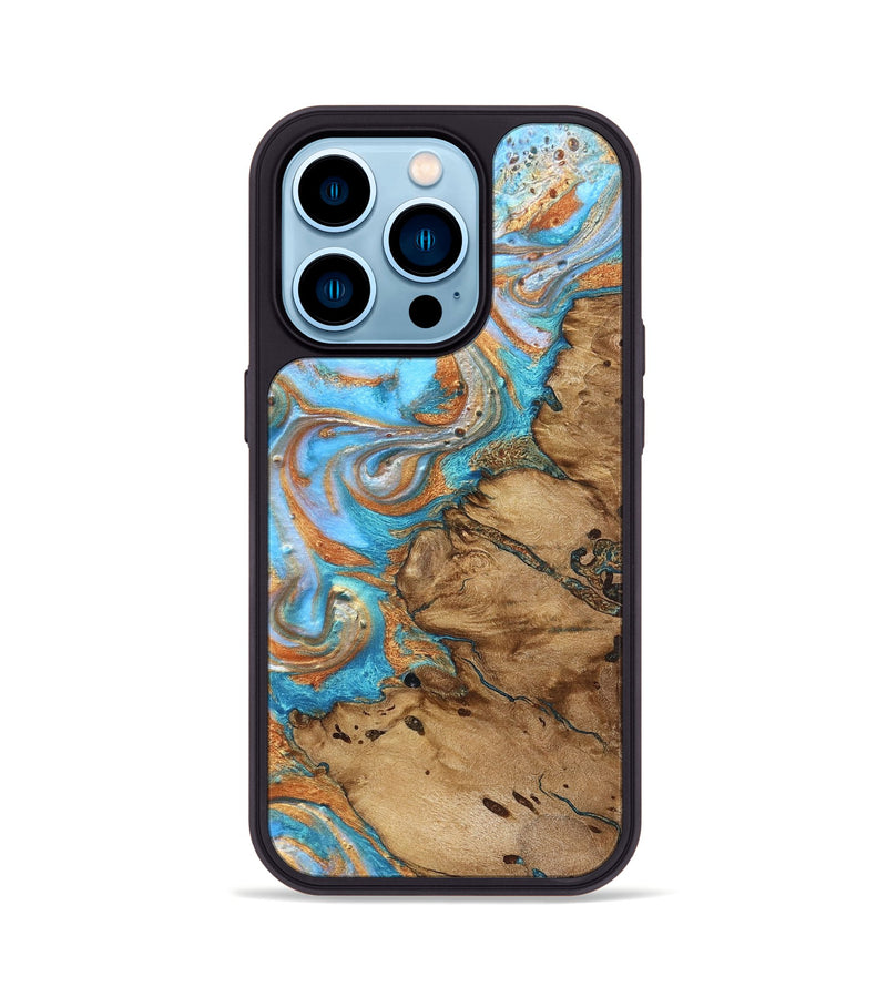 iPhone 14 Pro Wood Phone Case - Daisie (Teal & Gold, 821851)