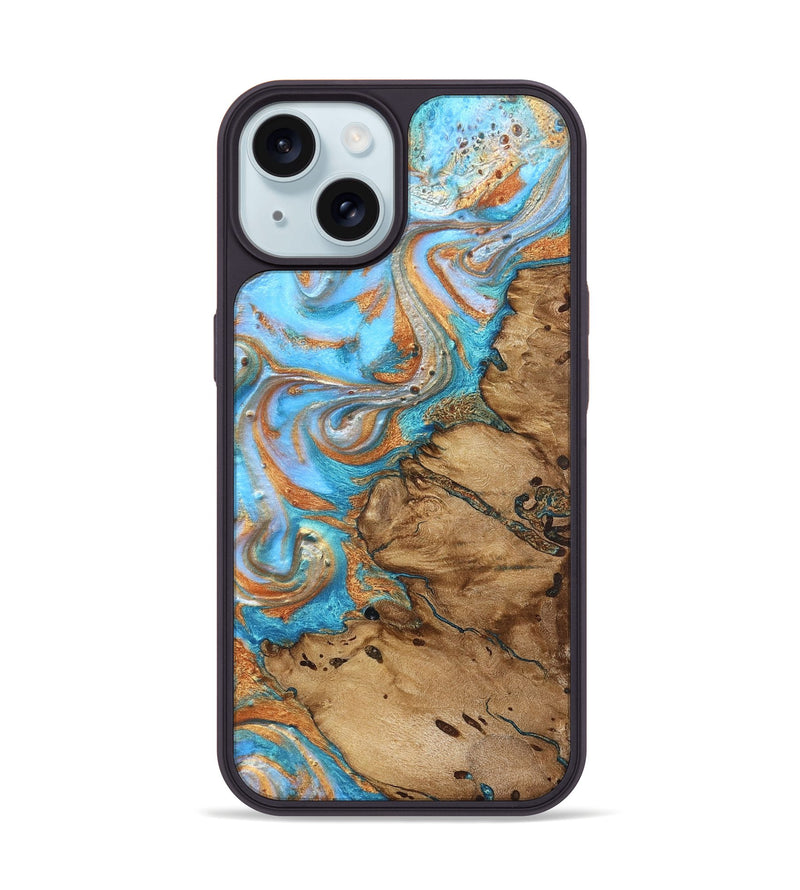 iPhone 15 Wood Phone Case - Daisie (Teal & Gold, 821851)