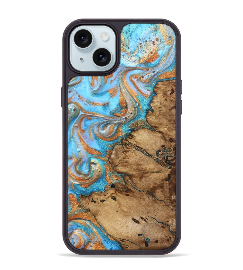 iPhone 15 Plus Wood Phone Case - Daisie (Teal & Gold, 821851)