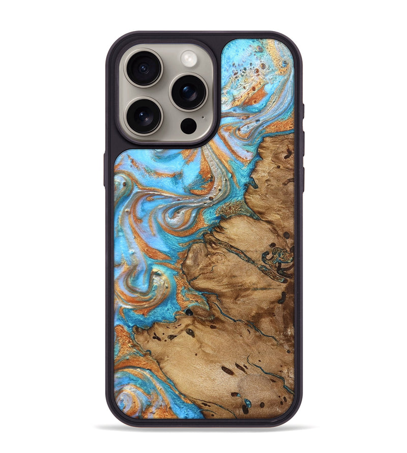 iPhone 15 Pro Max Wood Phone Case - Daisie (Teal & Gold, 821851)