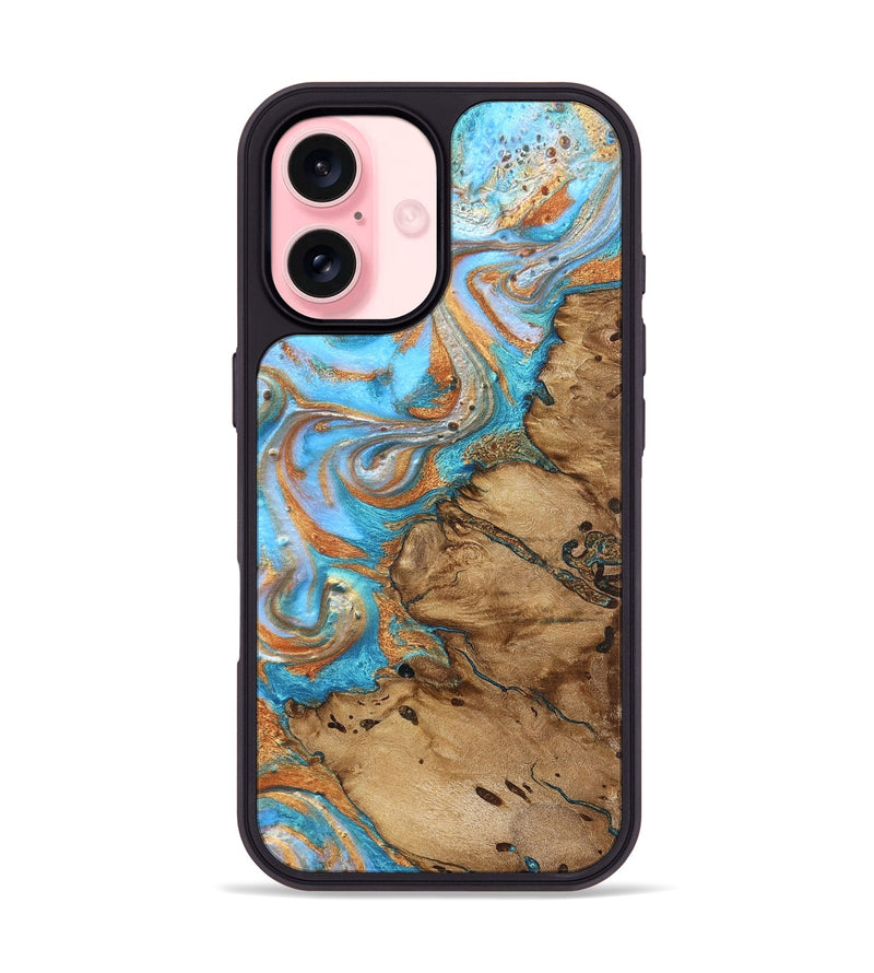 iPhone 16 Wood Phone Case - Daisie (Teal & Gold, 821851)