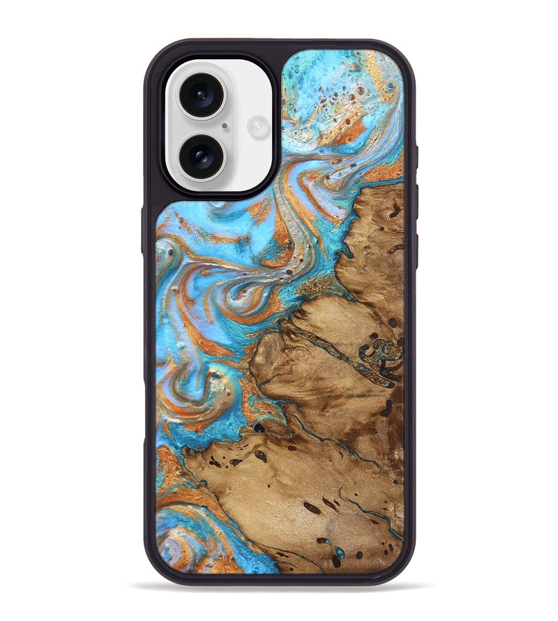 iPhone 16 Plus Wood Phone Case - Daisie (Teal & Gold, 821851)