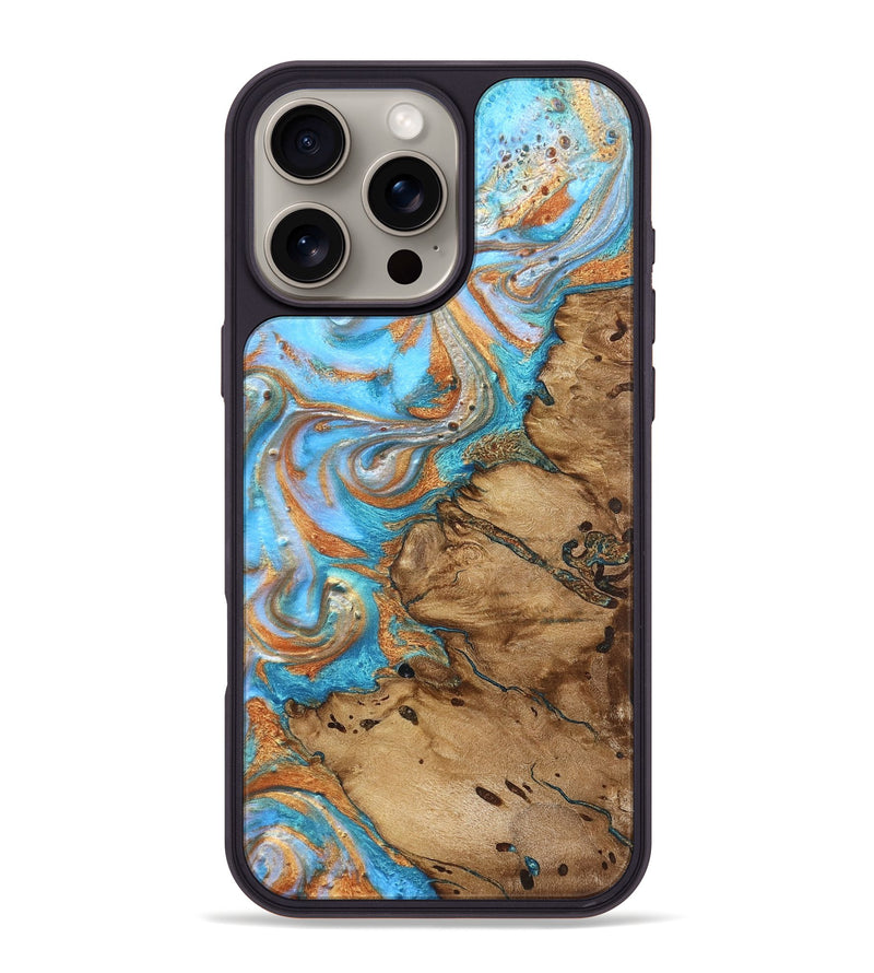 iPhone 16 Pro Max Wood Phone Case - Daisie (Teal & Gold, 821851)