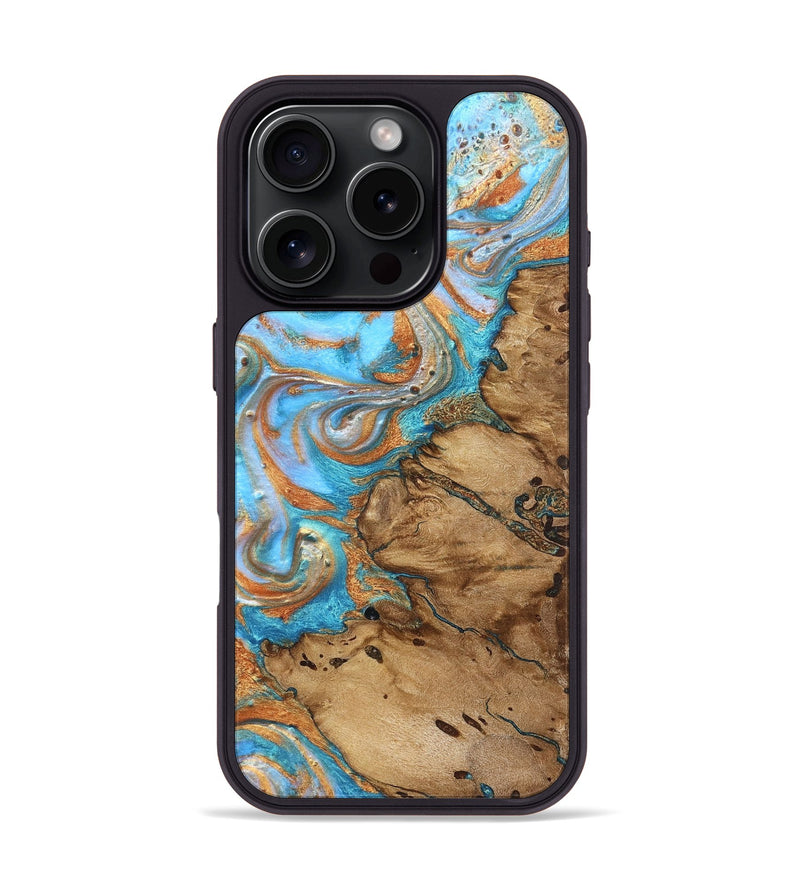 iPhone 16 Pro Wood Phone Case - Daisie (Teal & Gold, 821851)