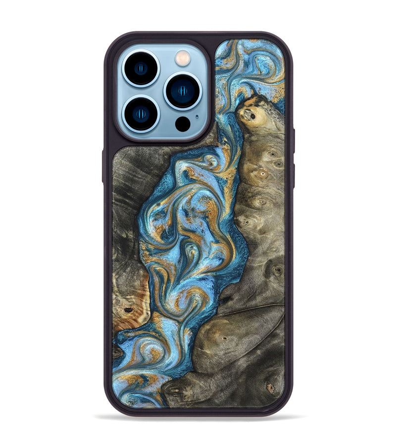iPhone 14 Pro Max Wood Phone Case - Jenny (Teal & Gold, 822029)