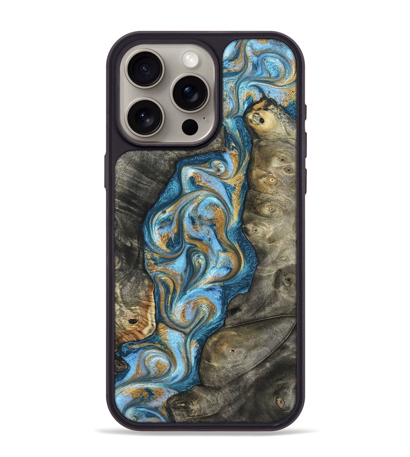 iPhone 15 Pro Max Wood Phone Case - Jenny (Teal & Gold, 822029)
