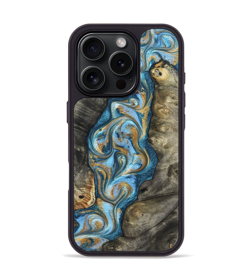 iPhone 16 Pro Wood Phone Case - Jenny (Teal & Gold, 822029)