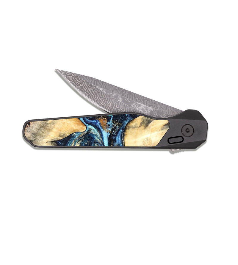 EDC Dark Damascus Wood Pocket Knife - Dollie (Teal & Gold, 822030)