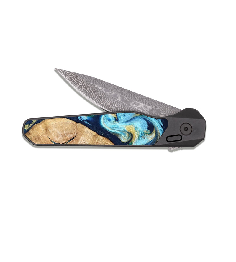 EDC Dark Damascus Wood Pocket Knife - Westin (Teal & Gold, 822032)