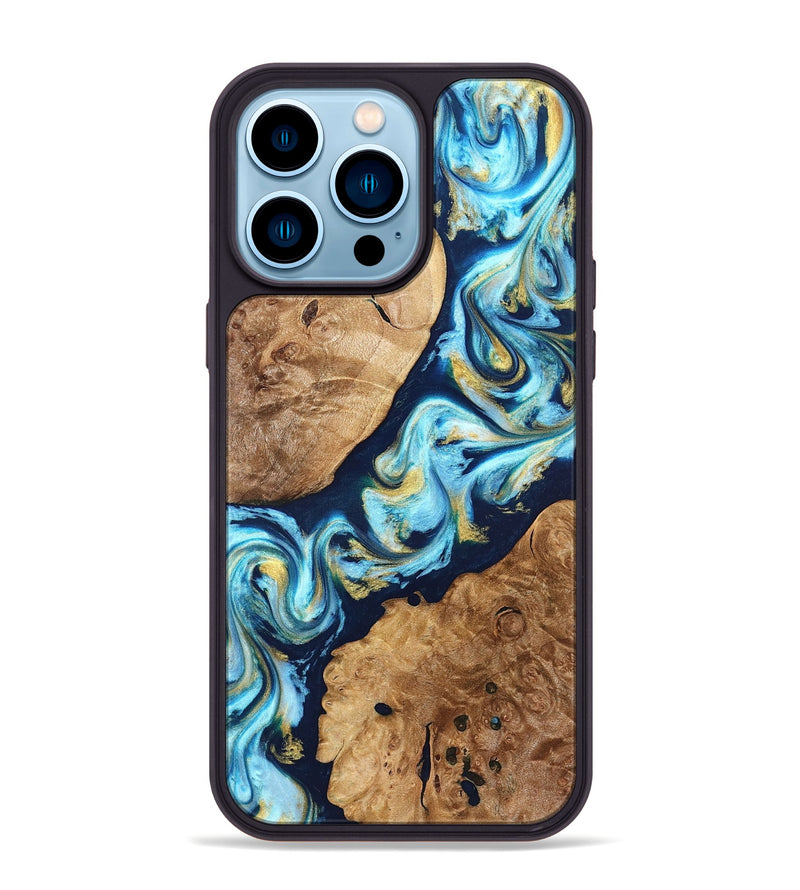 iPhone 14 Pro Max Wood Phone Case - Westin (Teal & Gold, 822032)