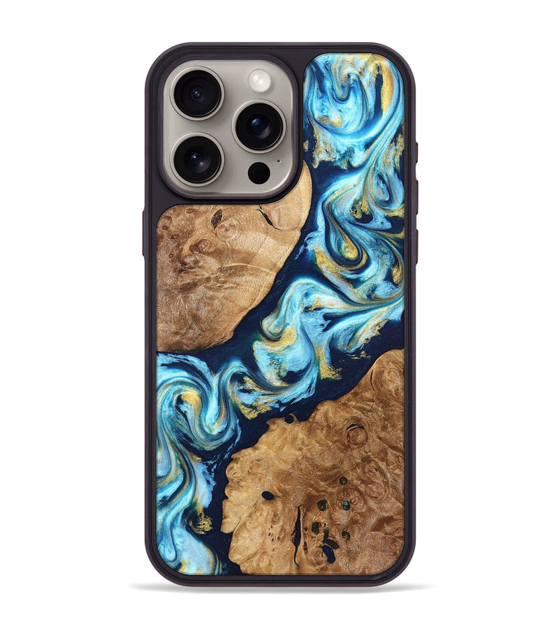 iPhone 15 Pro Max Wood Phone Case - Westin (Teal & Gold, 822032)