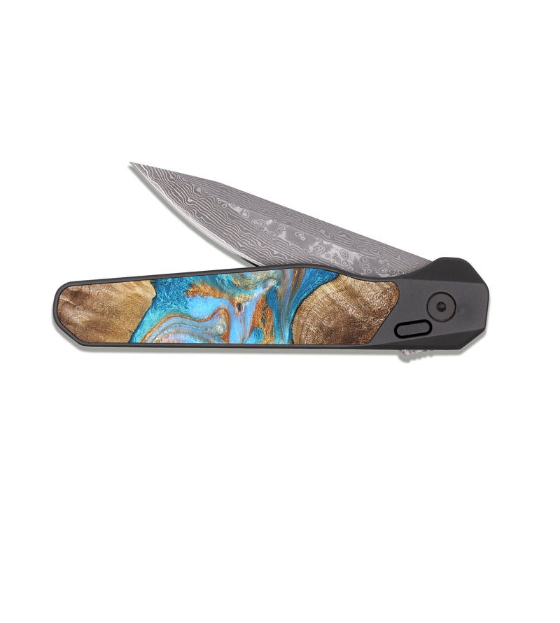 EDC Dark Damascus Wood Pocket Knife - Sarina (Teal & Gold, 822034)