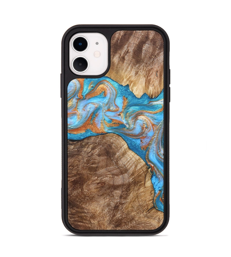 iPhone 11 Wood Phone Case - Sarina (Teal & Gold, 822034)