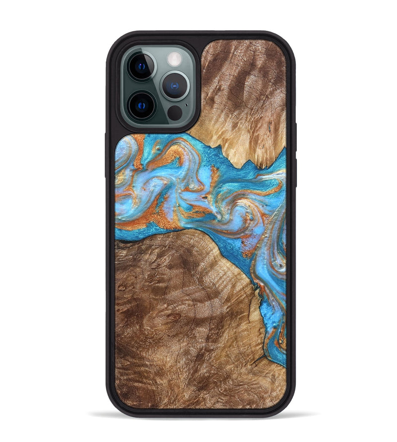 iPhone 12 Pro Max Wood Phone Case - Sarina (Teal & Gold, 822034)