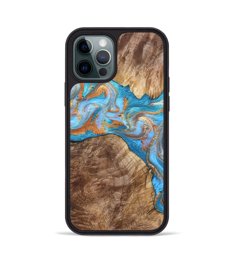 iPhone 12 Pro Wood Phone Case - Sarina (Teal & Gold, 822034)