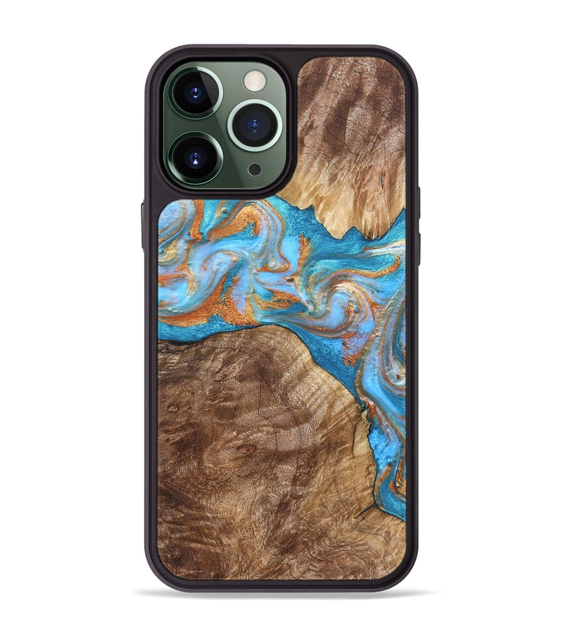 iPhone 13 Pro Max Wood Phone Case - Sarina (Teal & Gold, 822034)
