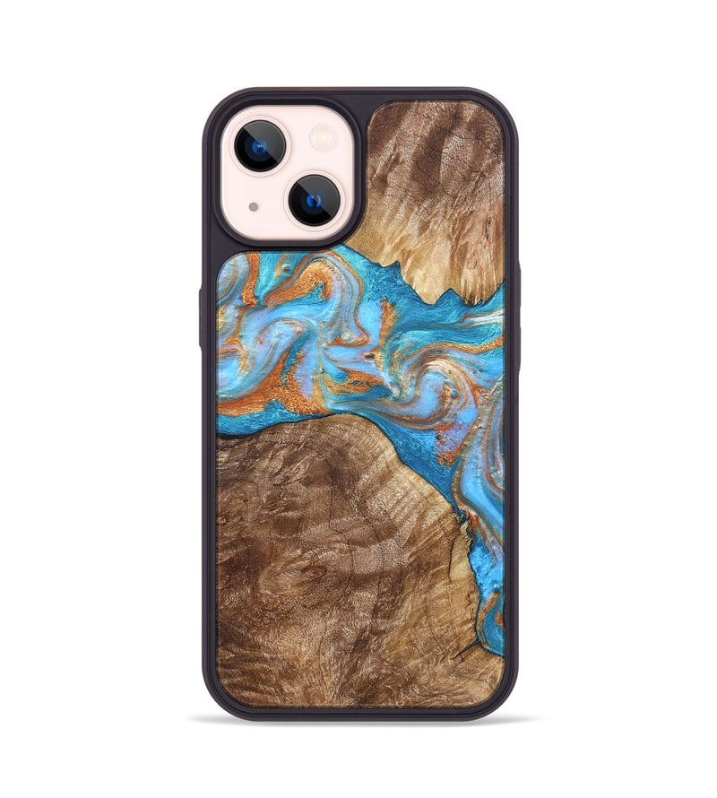 iPhone 14 Wood Phone Case - Sarina (Teal & Gold, 822034)