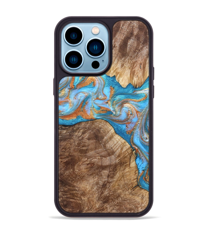 iPhone 14 Pro Max Wood Phone Case - Sarina (Teal & Gold, 822034)