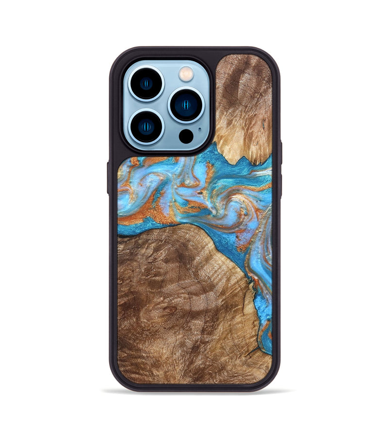 iPhone 14 Pro Wood Phone Case - Sarina (Teal & Gold, 822034)