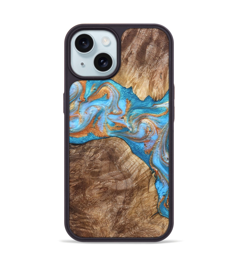 iPhone 15 Wood Phone Case - Sarina (Teal & Gold, 822034)