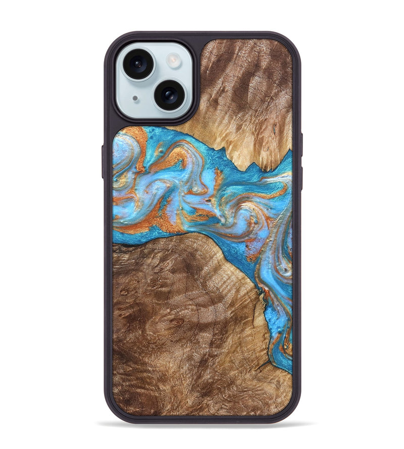 iPhone 15 Plus Wood Phone Case - Sarina (Teal & Gold, 822034)