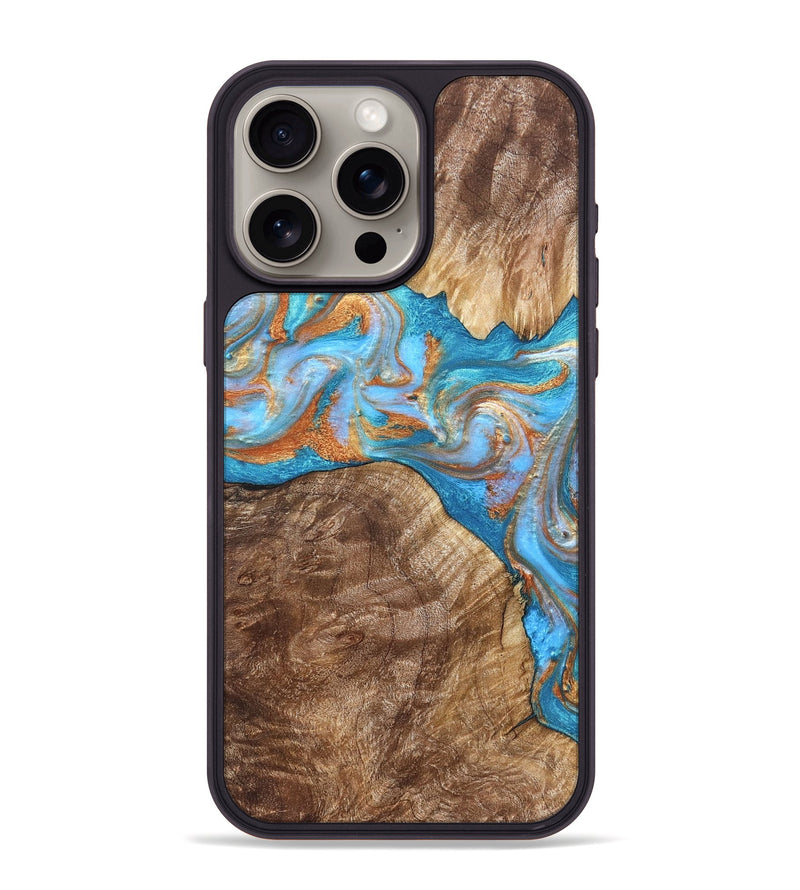 iPhone 15 Pro Max Wood Phone Case - Sarina (Teal & Gold, 822034)