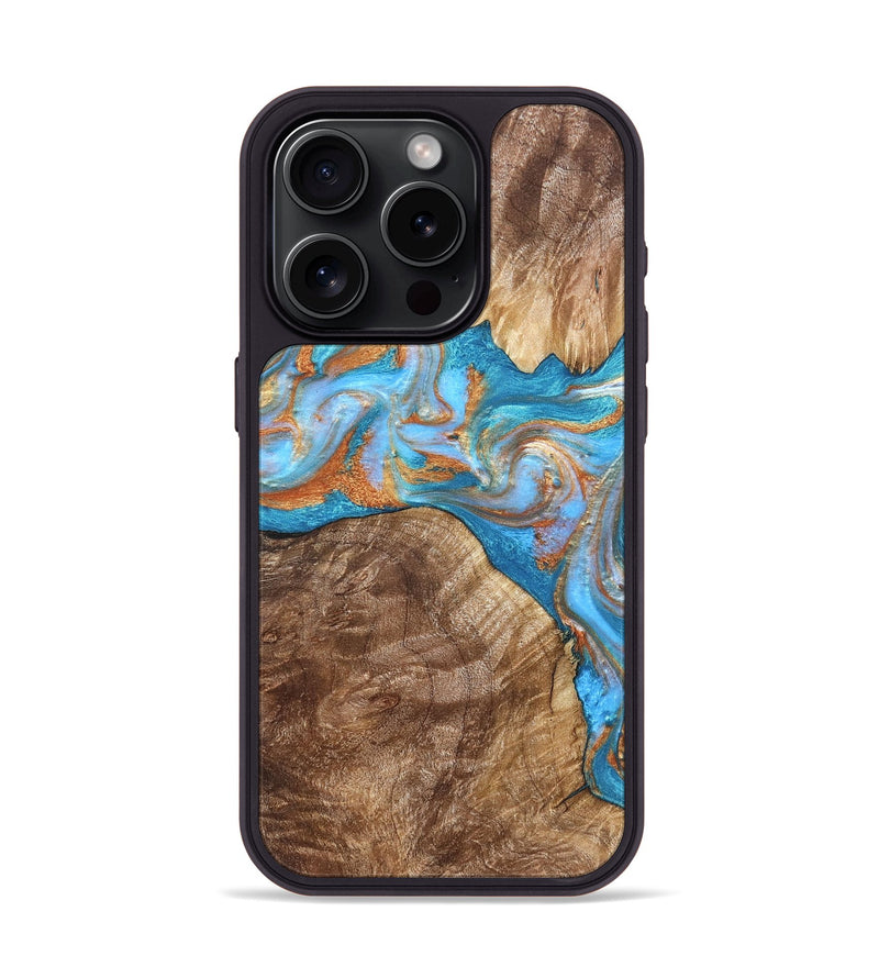 iPhone 15 Pro Wood Phone Case - Sarina (Teal & Gold, 822034)