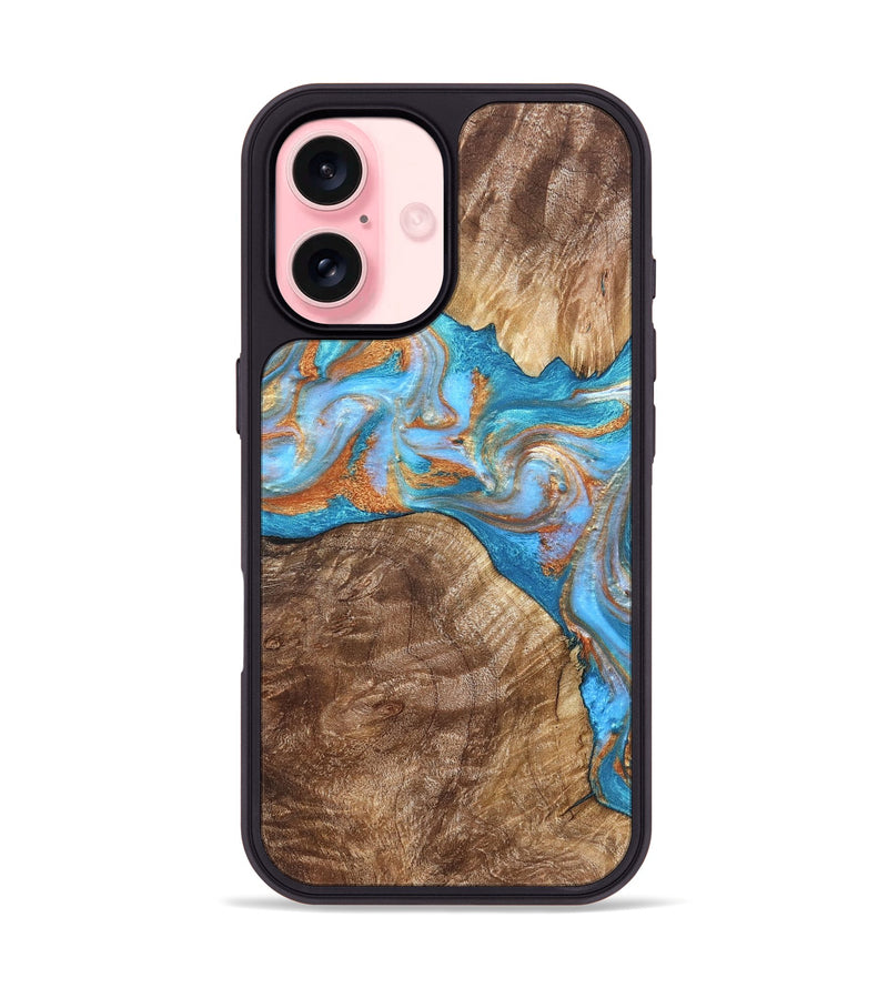 iPhone 16 Wood Phone Case - Sarina (Teal & Gold, 822034)