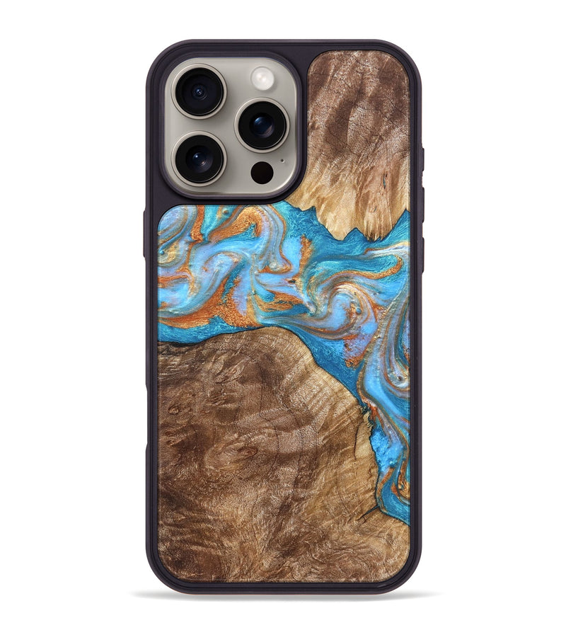 iPhone 16 Pro Max Wood Phone Case - Sarina (Teal & Gold, 822034)