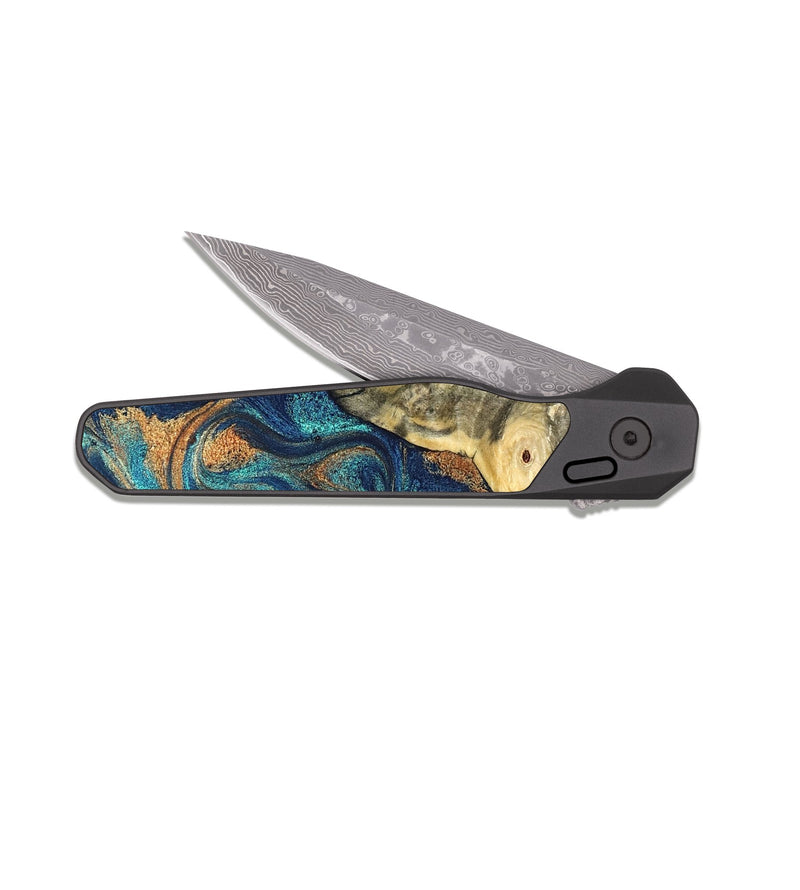 EDC Dark Damascus Wood Pocket Knife - Kieran (Teal & Gold, 822035)