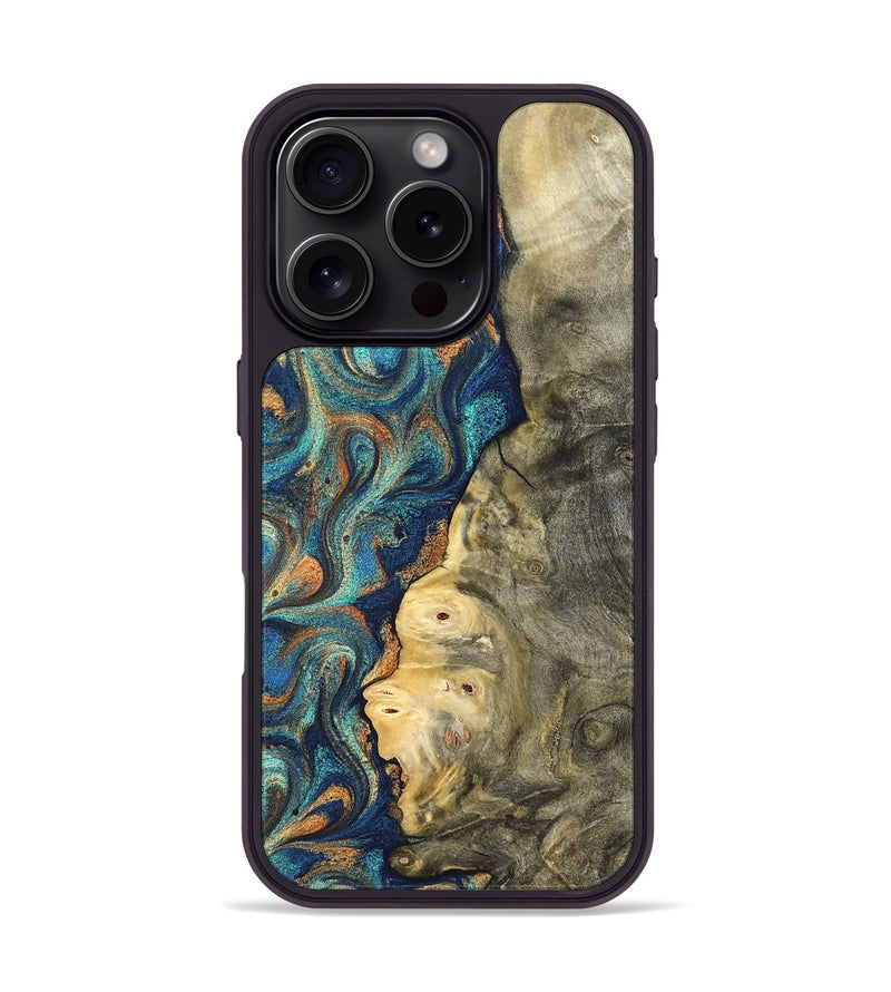iPhone 16 Pro Wood Phone Case - Kieran (Teal & Gold, 822035)