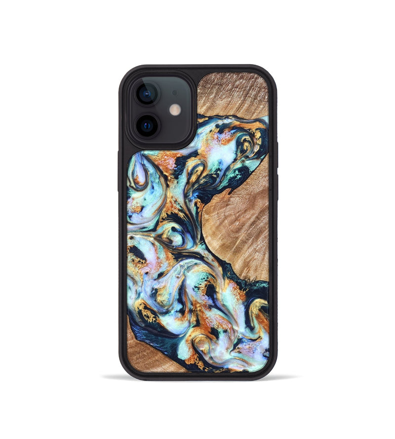 iPhone 12 mini Wood Phone Case - Sincere (Teal & Gold, 822036)