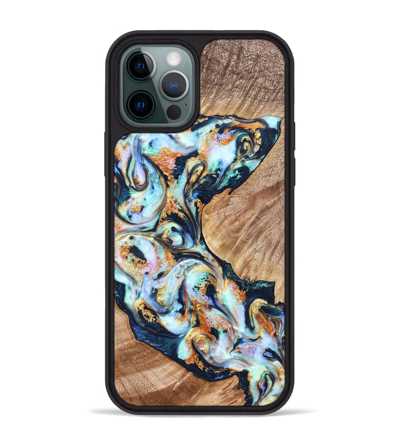 iPhone 12 Pro Max Wood Phone Case - Sincere (Teal & Gold, 822036)