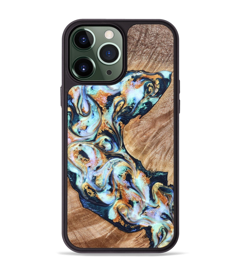 iPhone 13 Pro Max Wood Phone Case - Sincere (Teal & Gold, 822036)