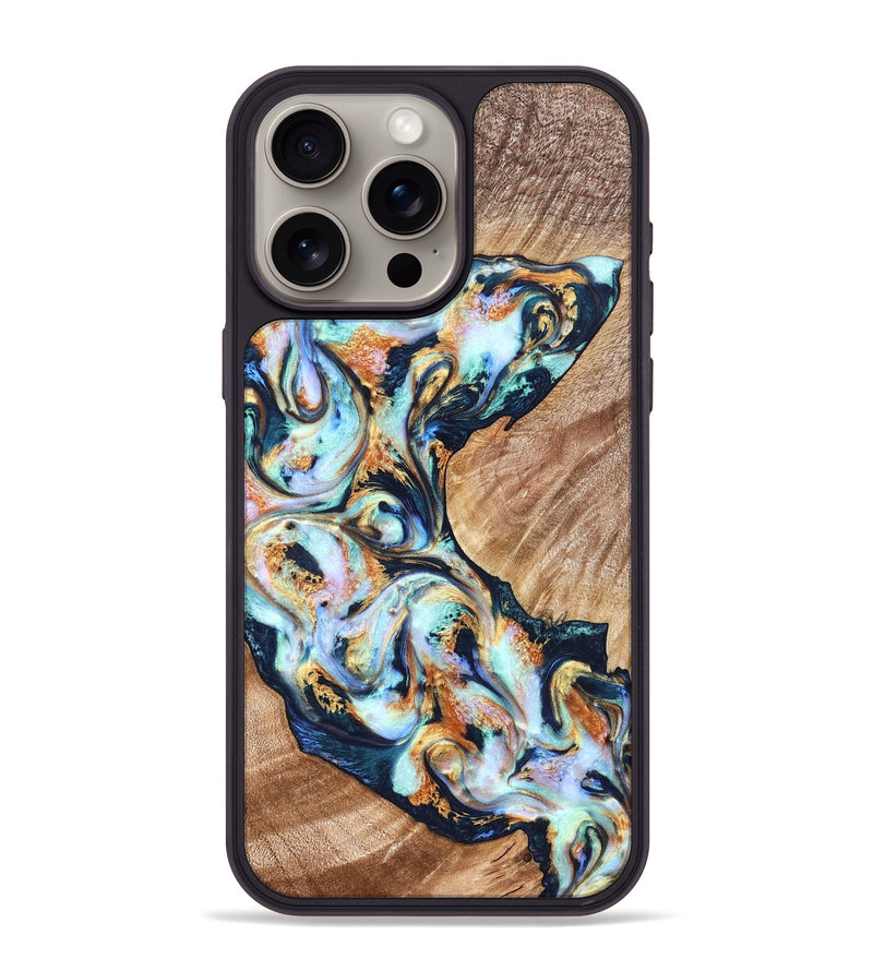 iPhone 15 Pro Max Wood Phone Case - Sincere (Teal & Gold, 822036)