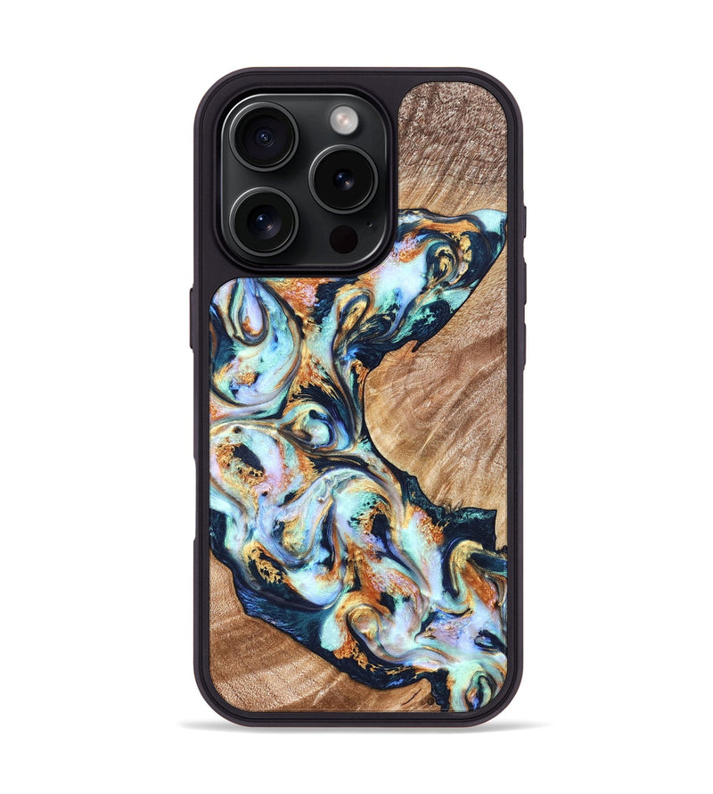 iPhone 16 Pro Wood Phone Case - Sincere (Teal & Gold, 822036)