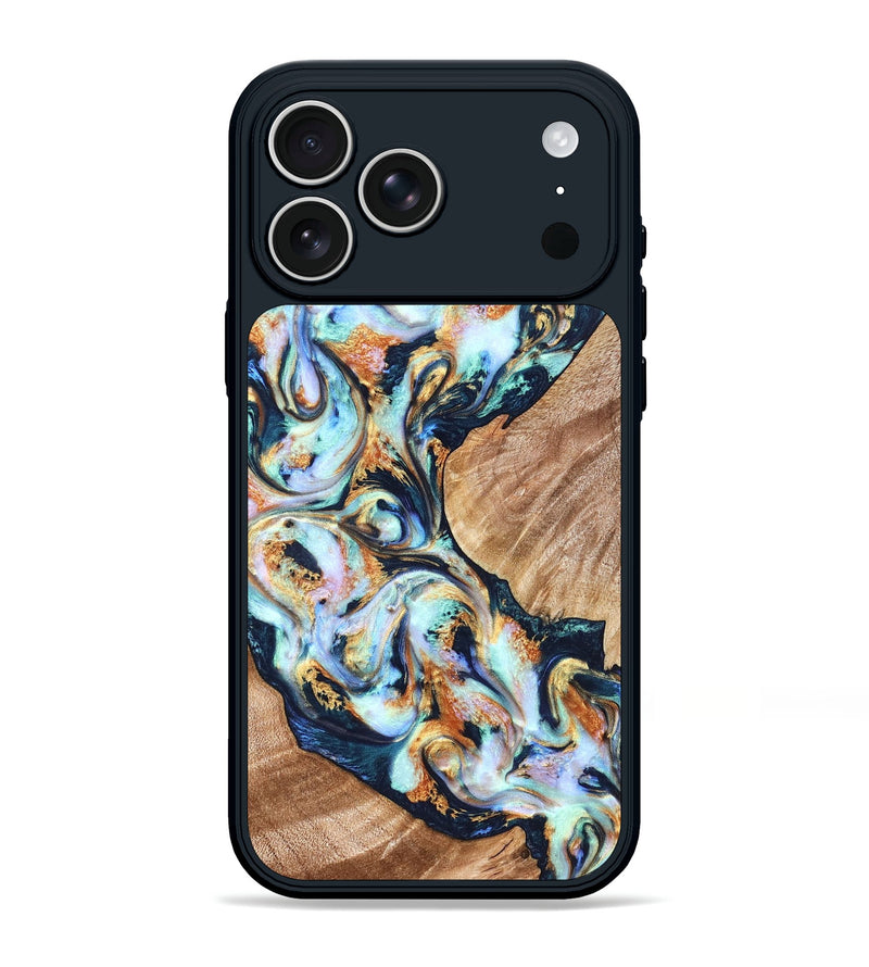 iPhone 17 Pro Max Wood Phone Case - Sincere (Teal & Gold, 822036)