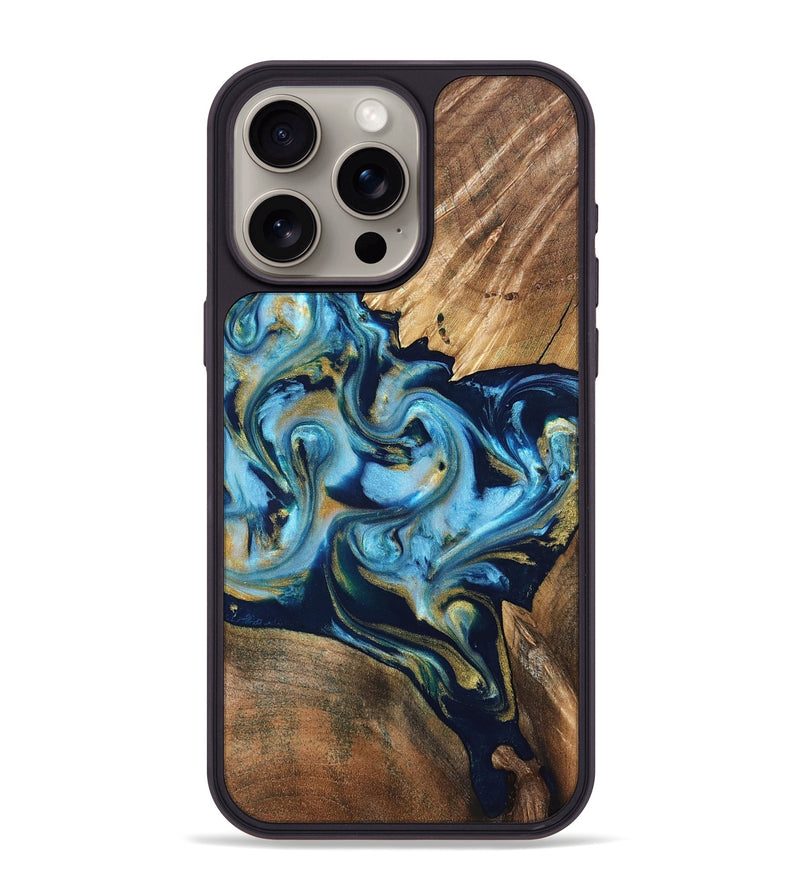 iPhone 15 Pro Max Wood Phone Case - Scottie (Teal & Gold, 822037)