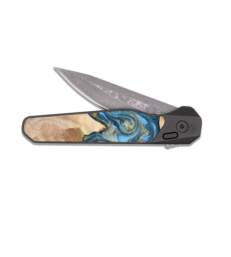 EDC Dark Damascus Wood Pocket Knife - Ray (Teal & Gold, 822038)