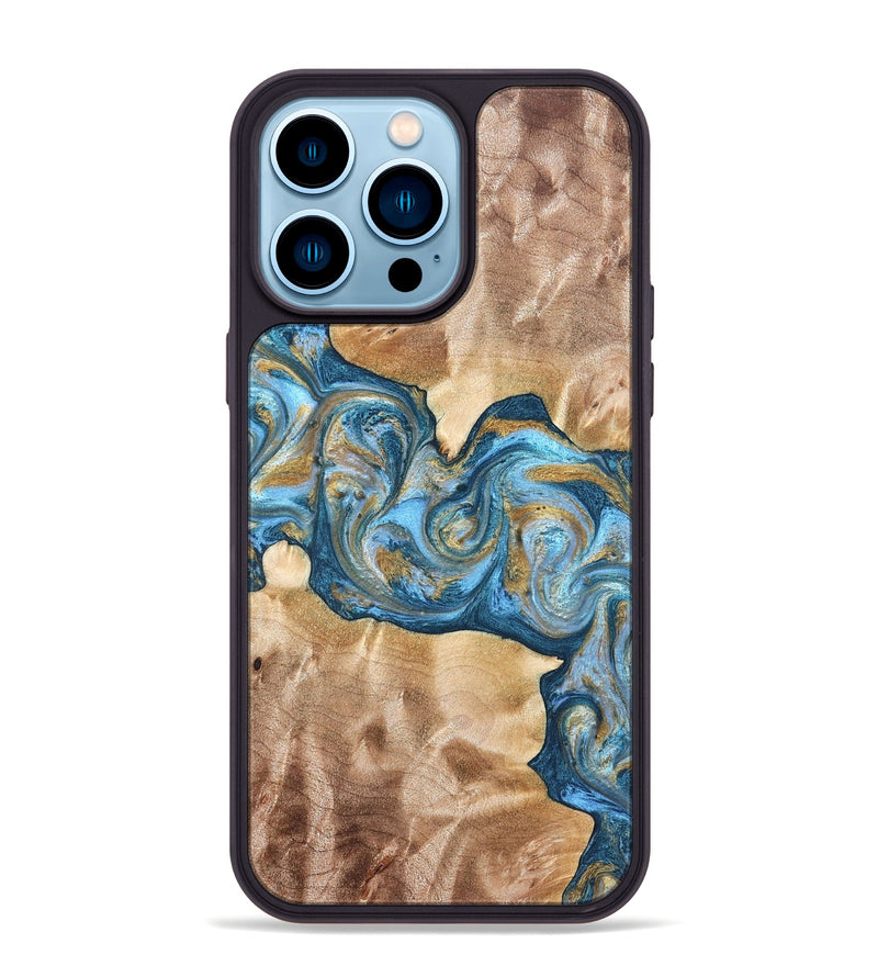 iPhone 14 Pro Max Wood Phone Case - Ray (Teal & Gold, 822038)