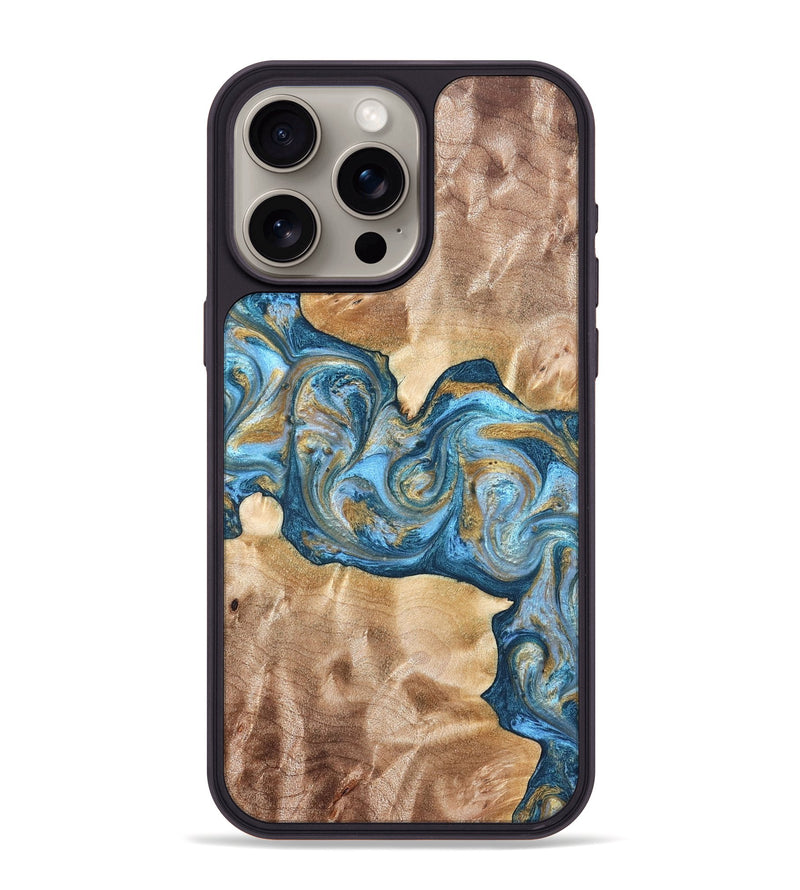 iPhone 15 Pro Max Wood Phone Case - Ray (Teal & Gold, 822038)