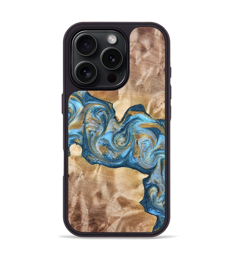iPhone 16 Pro Wood Phone Case - Ray (Teal & Gold, 822038)