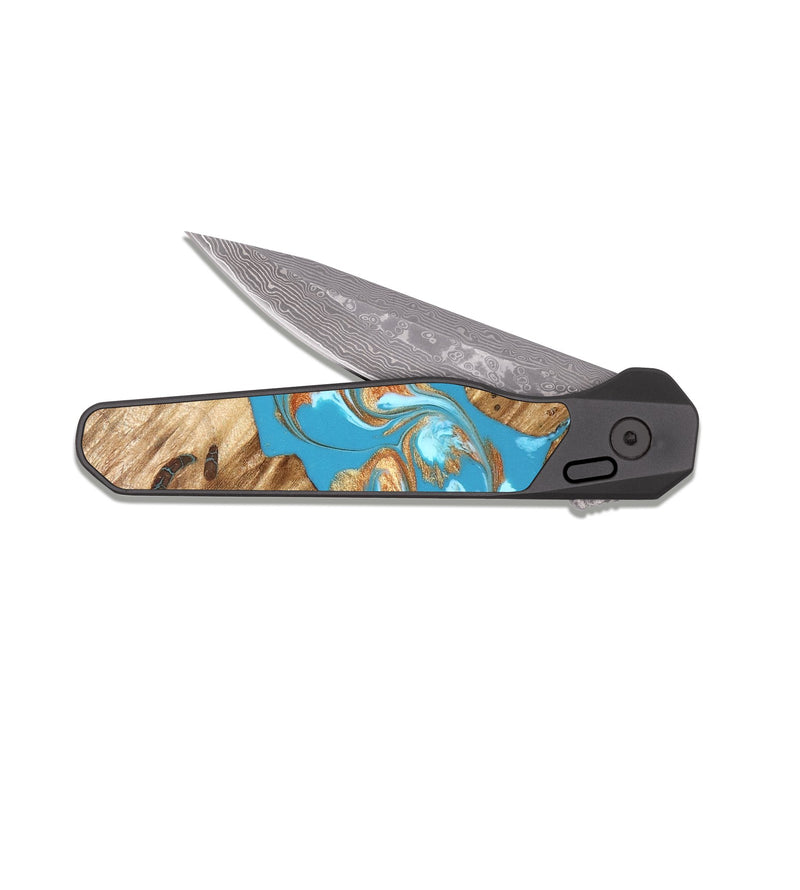EDC Dark Damascus Wood Pocket Knife - Qiana (Teal & Gold, 822149)