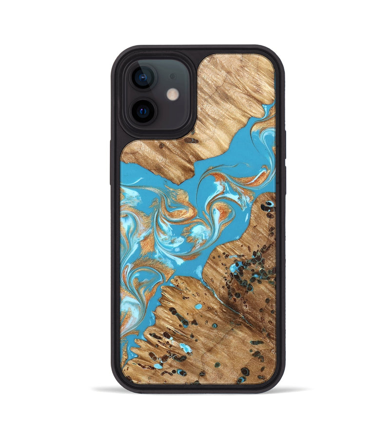 iPhone 12 Wood Phone Case - Qiana (Teal & Gold, 822149)